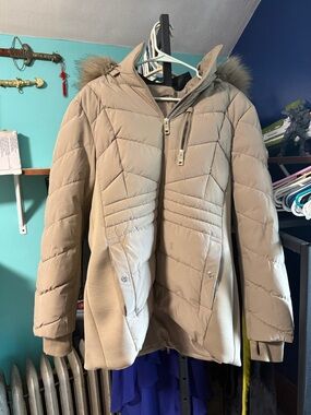 Michael Kors Taupe Quilted Hooded Puffer Coat with Faux Fur Trim